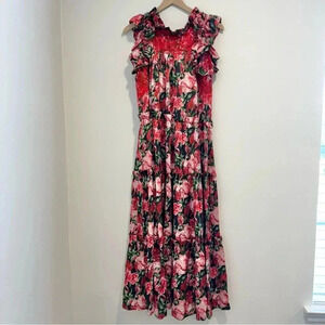 Mi Golondrina Floral Maxy Tiered Dress Satin XS